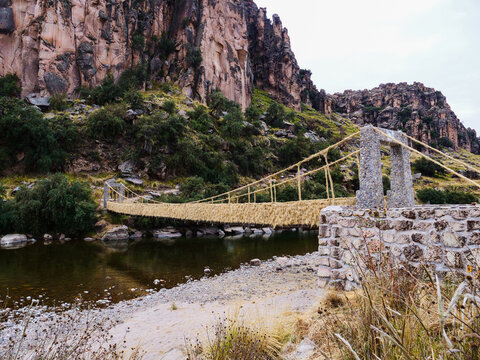 Traditional Inca Rope Bridge Spanning a River Canyon in Peru