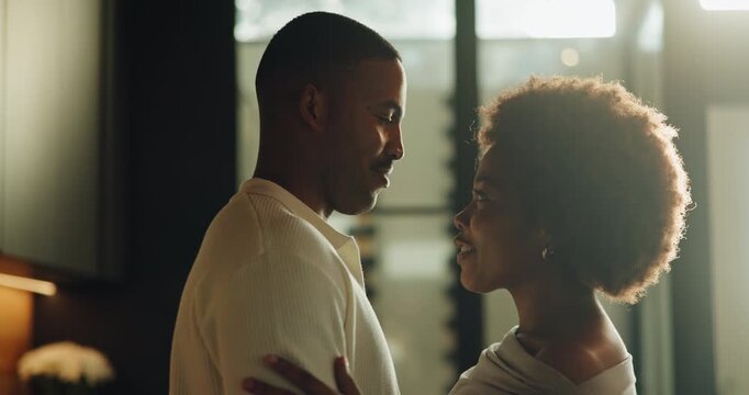 Moment, laughing and love with black couple in kitchen of home together for bonding or security. Affection, flare and nose touch with happy people in apartment for connection, morning or trust