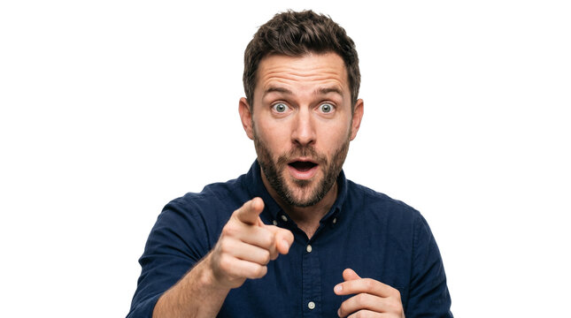 Man points forward with surprised expression and open mouth
