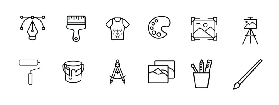 Creative education line icons set, artist palette, studio easel, drafting compass, stationery holder & more vector illustration with editable stroke.