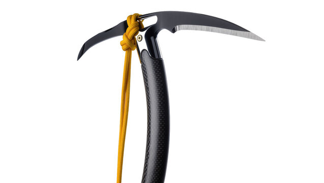 Isolated ice axe with carbon fiber shaft and yellow rope for mountaineering and climbing sports