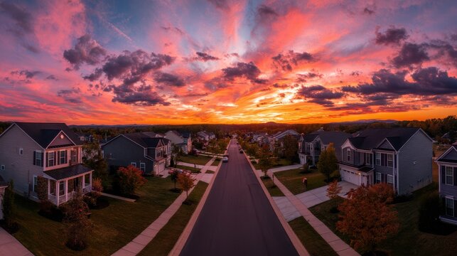 Wide panorama of upper middle class single-family residences at dusk in a Maryland suburb