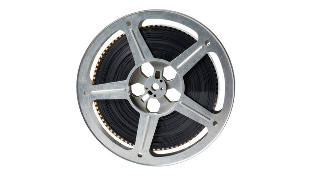 Isolated vintage movie film reel, full of black film, an old analog cinema media artifact.