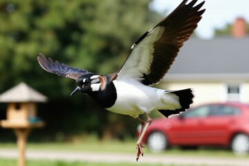 Fototapeta premium Bird with black white plumage flies over green grass. Wings spread wide for aerial travel. Legs dangle mid-flight. Background shows blurred trees and red car.