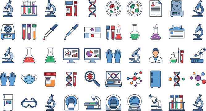 Science laboratory flat line icons set containing microscopes glass flasks test tubes dna strands virus cells chemical pipettes safety gloves and medical mri scanners