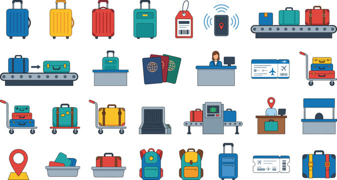 Airport luggage and travel baggage vector icons set featuring suitcases baggage conveyor belts passports boarding passes security scanners and trolley carts