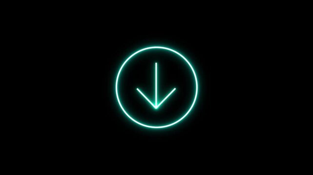 glowing neon animation of download icon arrow icon. on black background.4k video.