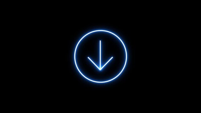 glowing neon animation of download icon arrow icon. on black background.4k video.