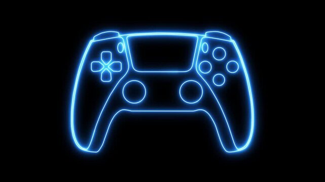 Futuristic glowing game controller icon, with vibrant purple and blue neon lights, symbolizing gaming and digital entertainment.