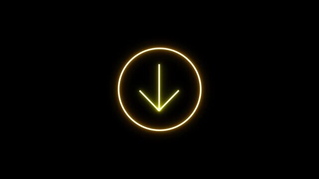 glowing neon animation of download icon arrow icon. on black background.4k video.