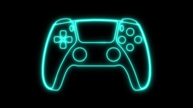 Futuristic glowing game controller icon, with vibrant purple and blue neon lights, symbolizing gaming and digital entertainment.