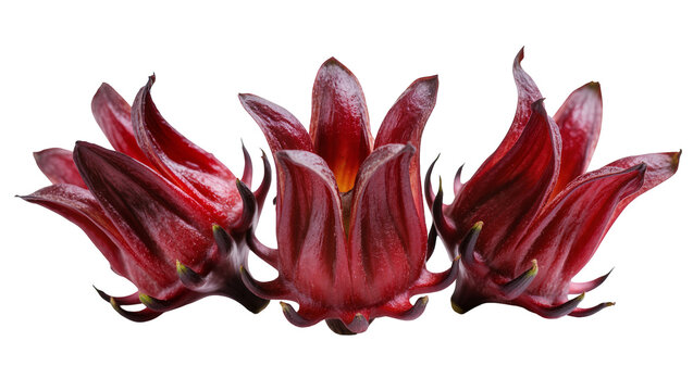 Isolated fresh red roselle calyces, healthy hibiscus plant ingredient for beverages