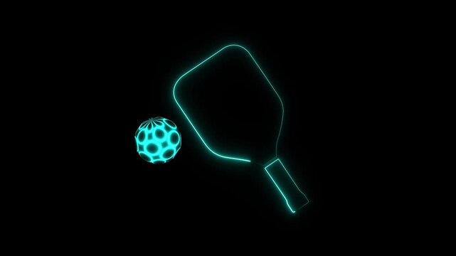 Neon Ping Pong Racket and Ball - A stylized illustration shows a neon blue ping pong racket with a matching ball above it, set against a solid black.