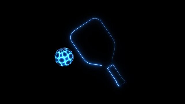 Neon Ping Pong Racket and Ball - A stylized illustration shows a neon blue ping pong racket with a matching ball above it, set against a solid black.