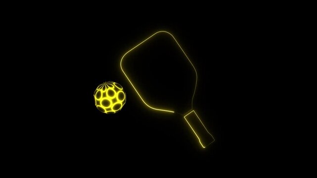 Neon Ping Pong Racket and Ball - A stylized illustration shows a neon blue ping pong racket with a matching ball above it, set against a solid black.