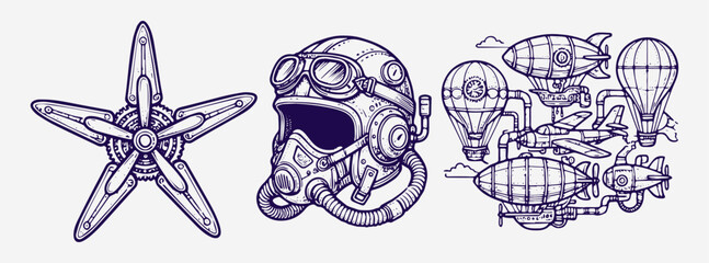 Vintage Steampunk Aviation Illustrations: Pilot Helmet, Propeller, and Airships © Rusa