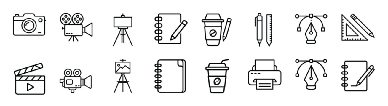Creative training line icons set, movie clapperboard, desktop printer, triangle ruler, spiral notepad & more vector illustration with editable stroke.