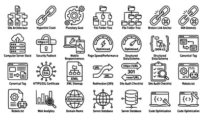 Fototapeta premium Technical SEO outline icons vector pack with website backlink and site optimization symbols