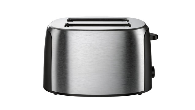 Isolated modern two-slice toaster appliance with brushed stainless steel finish and black accents