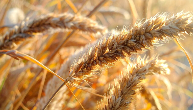 Ripe wheat ears at golden hour sunlight