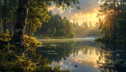 Obraz premium Tranquil lake reflects forest trees at sunset