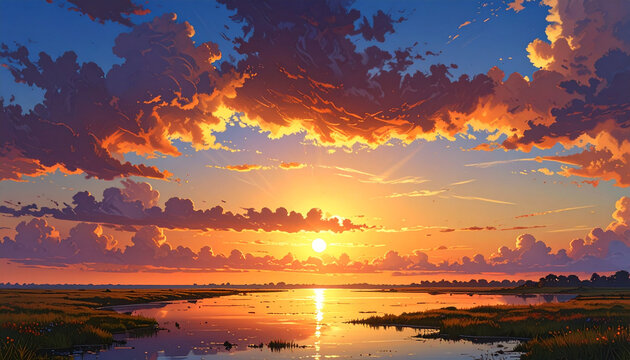 Vivid sunset landscape over a tranquil water