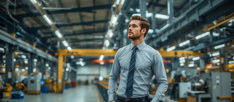 Experienced manufacturing executive overlooking modern production facility, industrial management, factory operations engineering supervision, business strategy and industrial growth concept copyspace