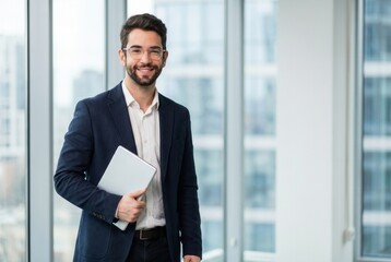 Fototapeta premium Young businessman smiling confidently, holding a laptop in a bright office environment