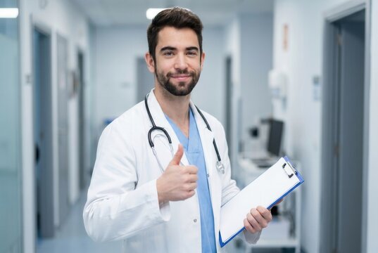 Young male doctor smiling and giving thumbs up while standing in a hospital hallway