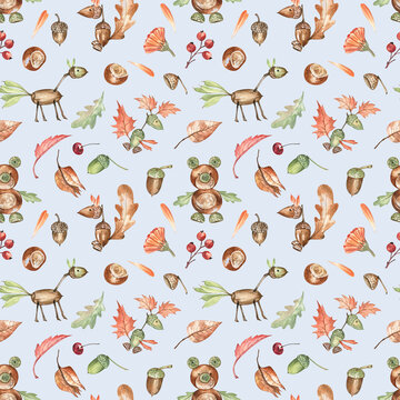 Cute autumn pattern with funny animals made of acorns, chestnuts and leaves. Watercolor hand-drawn elements on blue background. Perfect for kids, nursery themed projects, fabric, wallpapers