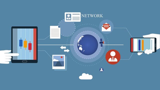 Global network data exchange animated, Flat animation of global network and data exchange between tablet and smartphone with cloud and satellite