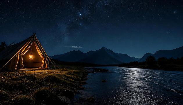 A warm orange glowing bulb inside a tent beside a lake with moonlight reflecting on the water under a dark night sky