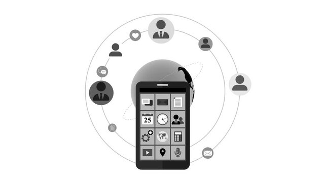 Smartphone with app icons floating in front of concentric circles and user avatars animation