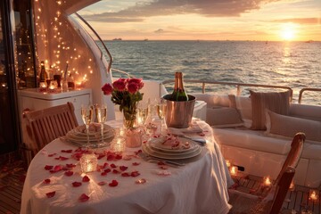 Obraz premium Romantic Valentineâ€™s Day dinner on a luxury yacht at sunset with candlelit table, roses, and champagne