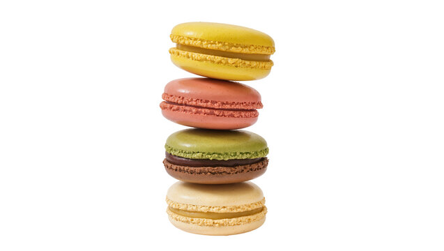 Isolated Stack of colorful sweet French macarons dessert, delicious and gourmet pastry treat.
