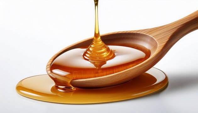 bee honey dripping from a wood spoon onto the floor isolated