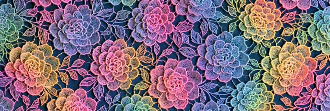 Pastel succulent pattern with pink, purple, blue, and yellow rosettes creating a soft botanical background on black.