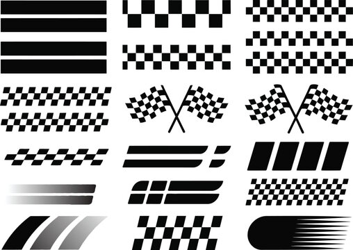 Racing stripe and checkered flag icons illustration set, generic race car decals and speed graphics.
