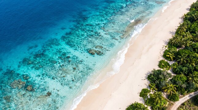 High angle aerial drone view of a pristine tropical sandy beach with clear turquoise ocean water coral reefs and lush green coconut palm tree forest