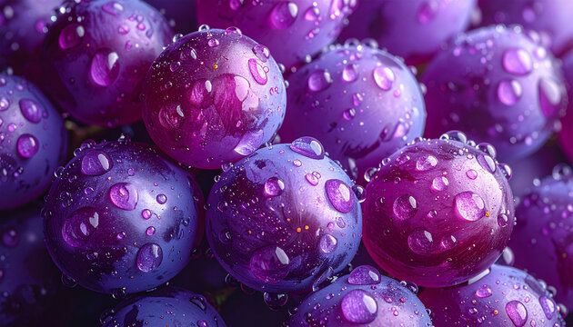 Close-up macro shot of juicy ripe purple grapes with water droplets