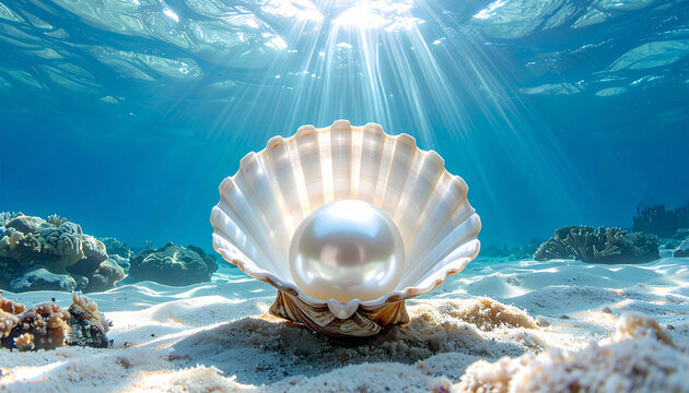 Close up of a giant pearl in a white shell underwater