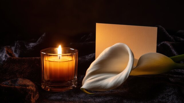 Quiet funeral-inspired composition featuring a glowing candle and calla lily against a deep backdrop