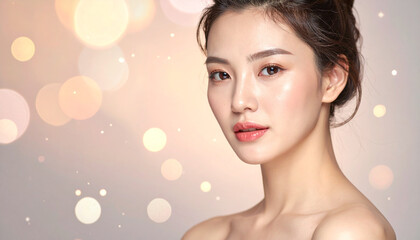Naklejka premium Beautiful Asian Woman with Glowing Skin and Soft Bokeh Lights Background