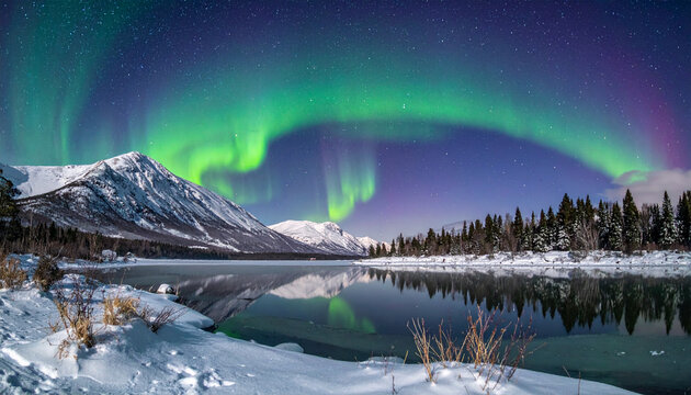 Aurora Borealis over snow-covered mountains and reflective lake