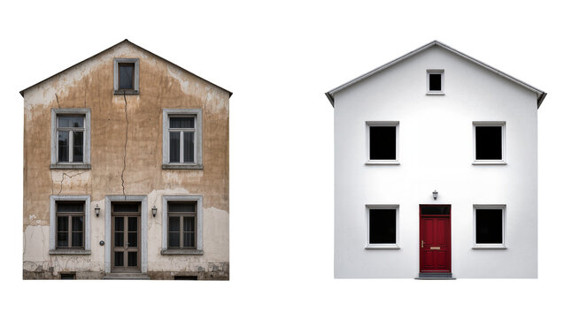 Isolated old derelict house next to a modern renovated home showing contrast in architecture