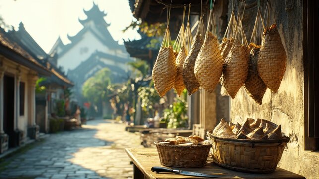 Row of Completed Ketupat Casings Hanging in Village Setting