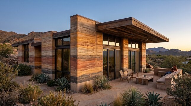 Modern Rammed Earth House in Desert Landscape at Sunset