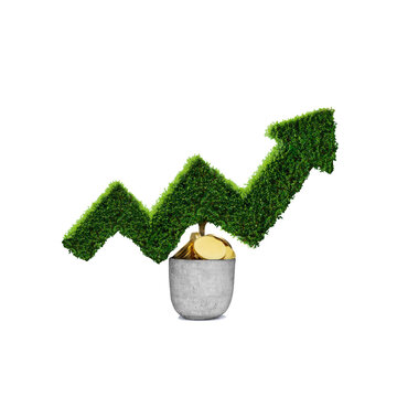 A realistic arrow made of fresh green leaves, isolated on a flat design background. Financial concept for growing money.