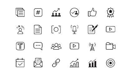 Fototapeta premium Clean outline icons for digital communication social media and business growth on a white background