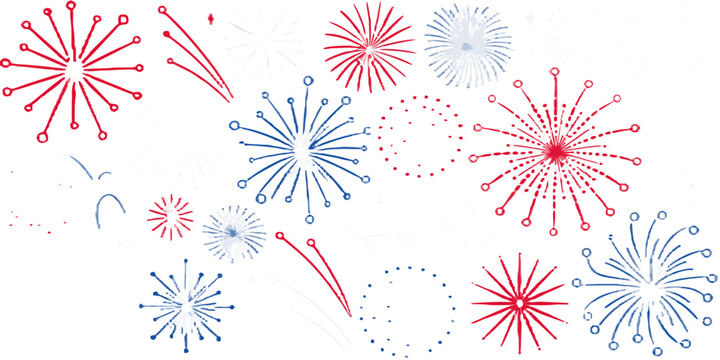 Red and blue fireworks exploding in a celebratory pattern against a white background celebrating independence